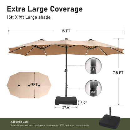 15FT LED Patio Umbrella | Oversized UV Resistant Outdoor Sun Shade with Heavy-Duty Steel Frame for Backyard & Pool
