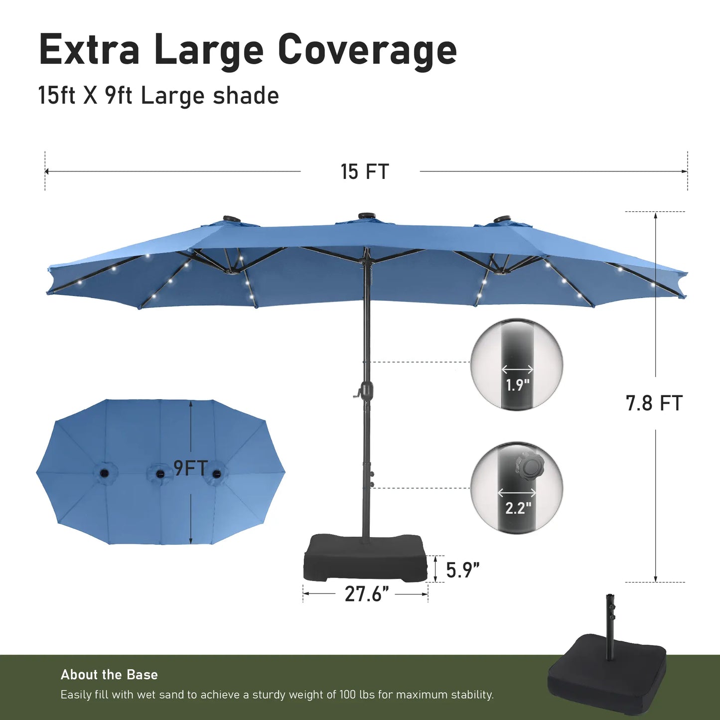 15FT LED Patio Umbrella | Oversized UV Resistant Outdoor Sun Shade with Heavy-Duty Steel Frame for Backyard & Pool