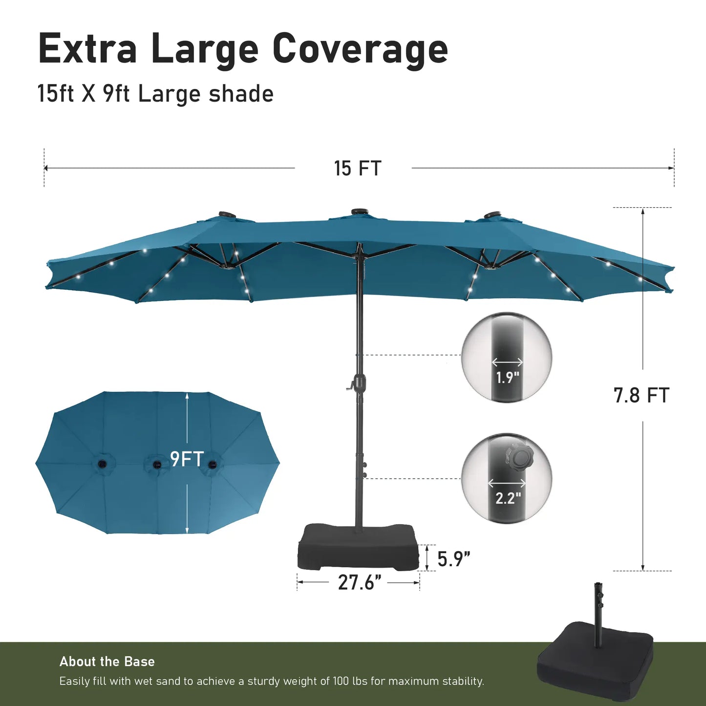 15FT LED Patio Umbrella | Oversized UV Resistant Outdoor Sun Shade with Heavy-Duty Steel Frame for Backyard & Pool