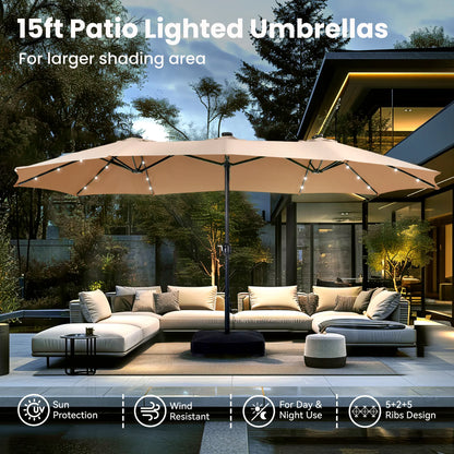 15FT LED Patio Umbrella | Oversized UV Resistant Outdoor Sun Shade with Heavy-Duty Steel Frame for Backyard & Pool