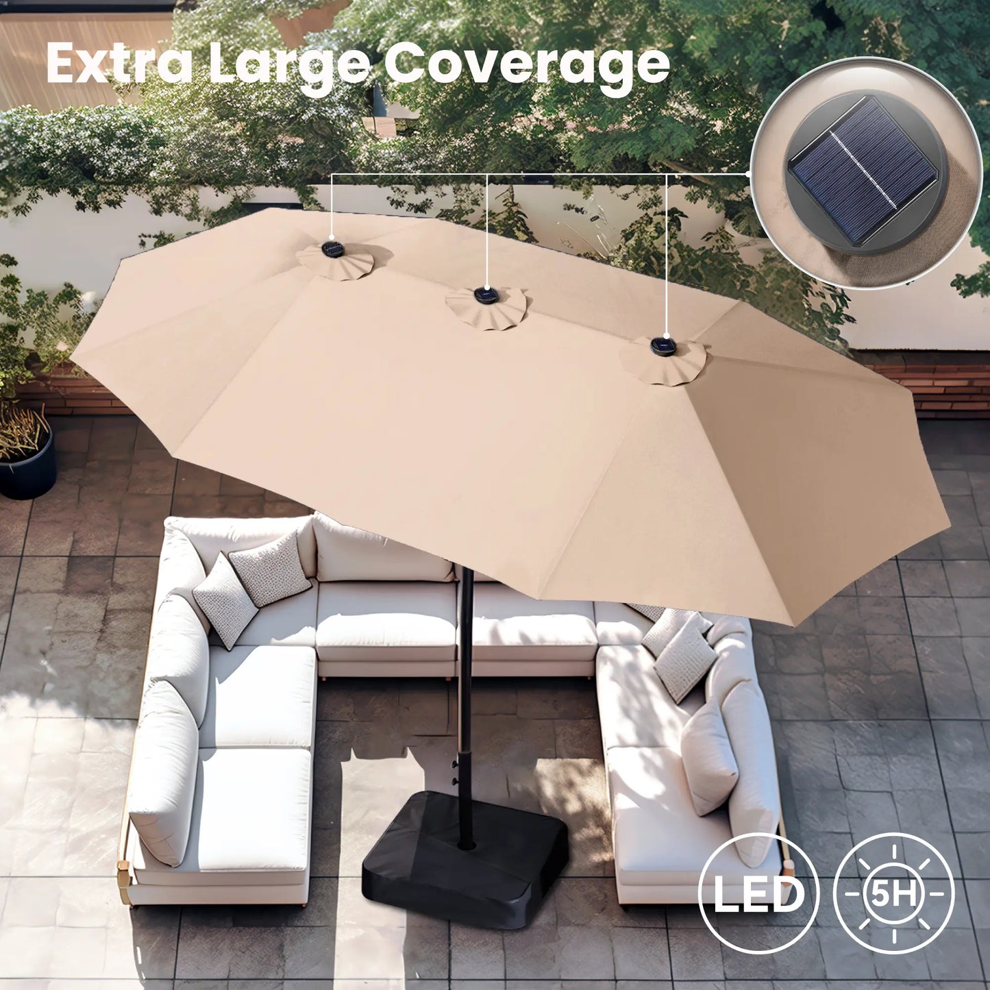 15FT LED Patio Umbrella | Oversized UV Resistant Outdoor Sun Shade with Heavy-Duty Steel Frame for Backyard & Pool