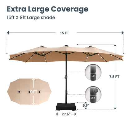 15FT LED Patio Umbrella | Oversized UV Resistant Outdoor Sun Shade with Heavy-Duty Steel Frame for Backyard & Pool