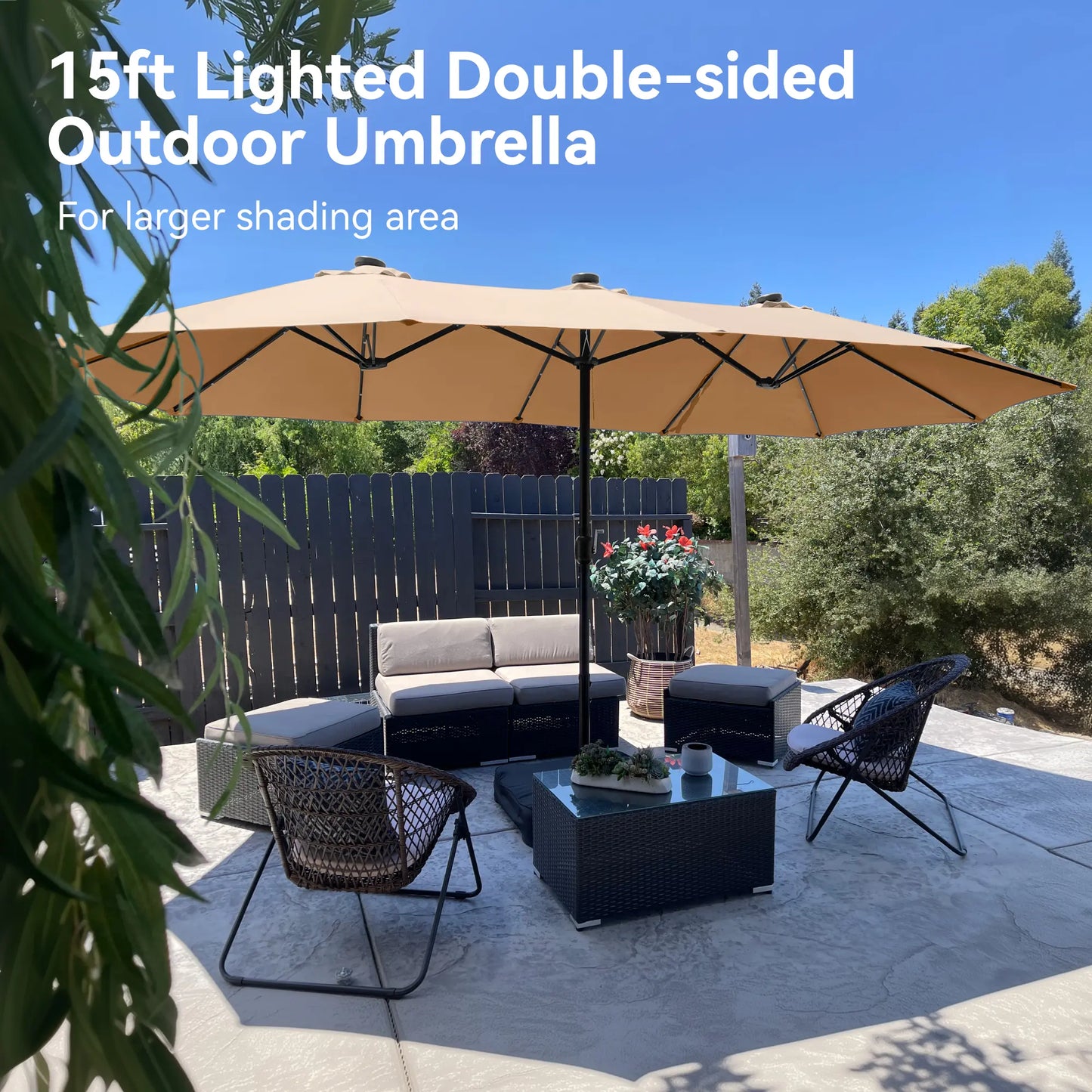 15FT LED Patio Umbrella | Oversized UV Resistant Outdoor Sun Shade with Heavy-Duty Steel Frame for Backyard & Pool
