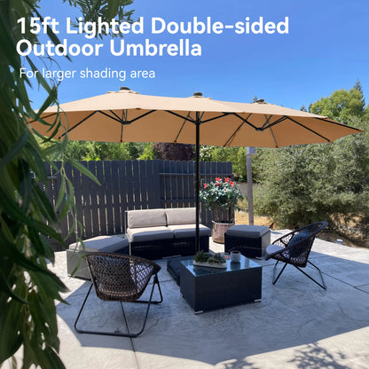 15FT LED Patio Umbrella | Oversized UV Resistant Outdoor Sun Shade with Heavy-Duty Steel Frame for Backyard & Pool