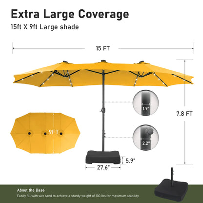 15FT LED Patio Umbrella | Oversized UV Resistant Outdoor Sun Shade with Heavy-Duty Steel Frame for Backyard & Pool