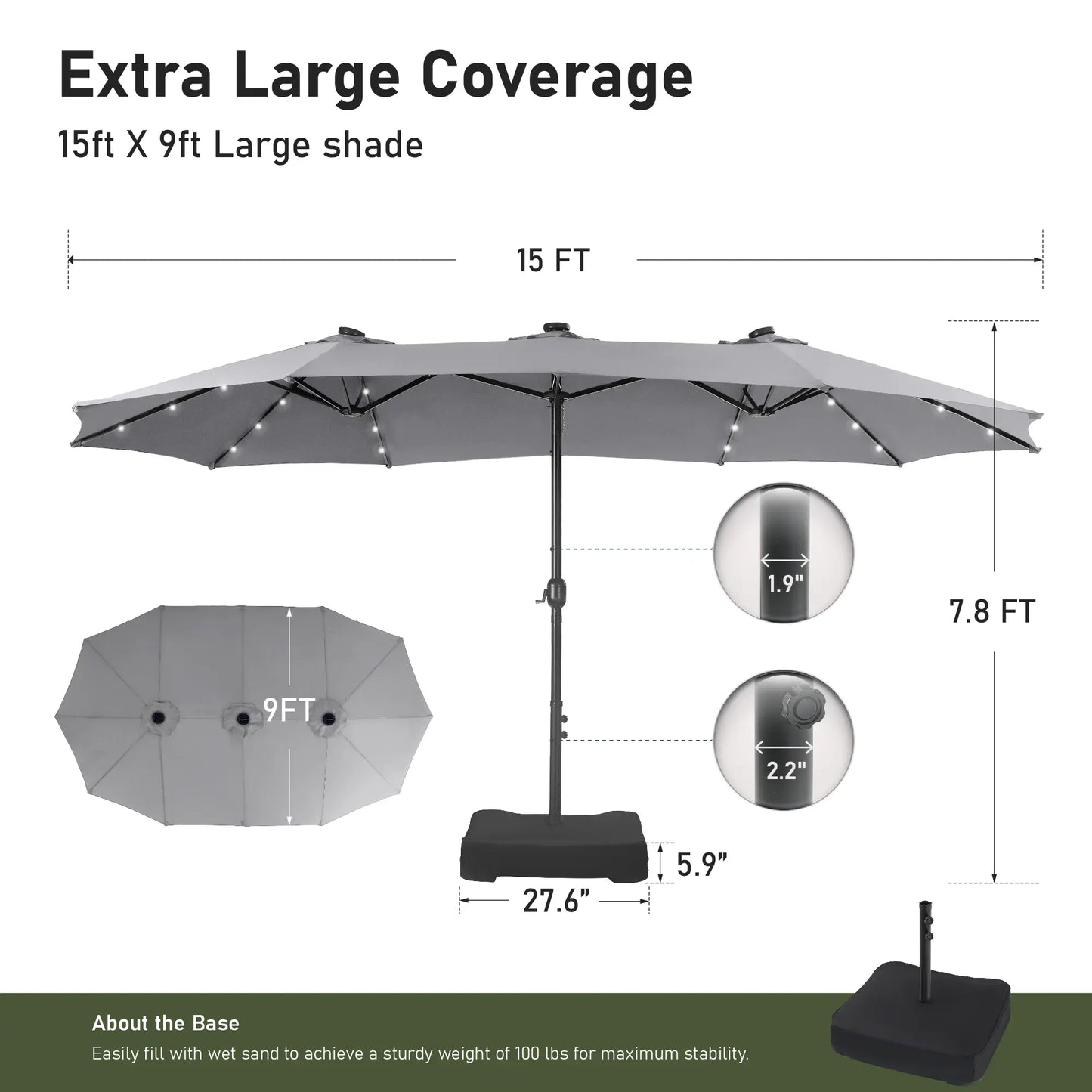 15FT LED Patio Umbrella | Oversized UV Resistant Outdoor Sun Shade with Heavy-Duty Steel Frame for Backyard & Pool