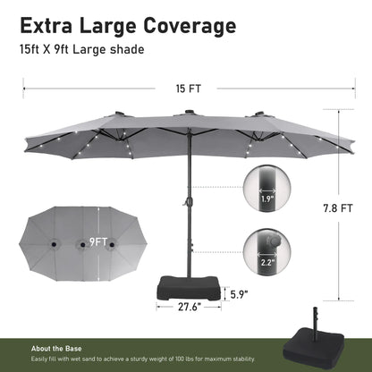 15FT LED Patio Umbrella | Oversized UV Resistant Outdoor Sun Shade with Heavy-Duty Steel Frame for Backyard & Pool