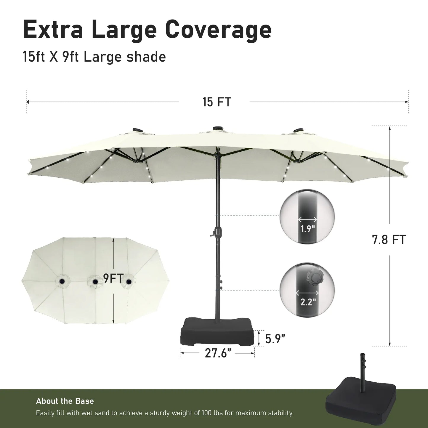 15FT LED Patio Umbrella | Oversized UV Resistant Outdoor Sun Shade with Heavy-Duty Steel Frame for Backyard & Pool