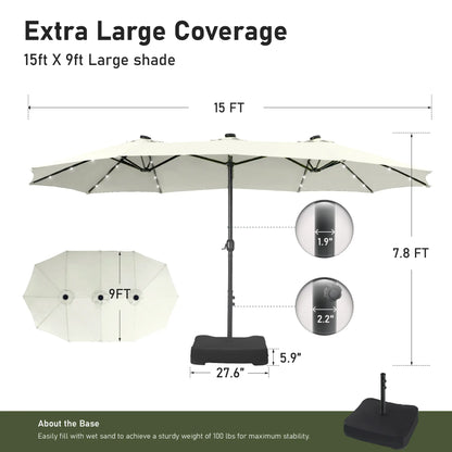 15FT LED Patio Umbrella | Oversized UV Resistant Outdoor Sun Shade with Heavy-Duty Steel Frame for Backyard & Pool