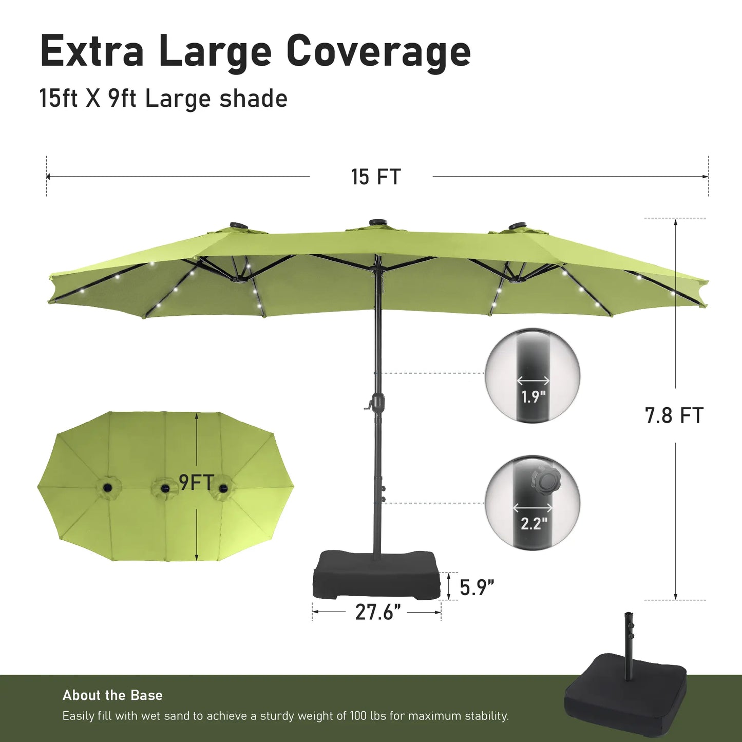15FT LED Patio Umbrella | Oversized UV Resistant Outdoor Sun Shade with Heavy-Duty Steel Frame for Backyard & Pool