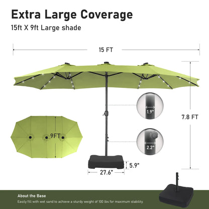 15FT LED Patio Umbrella | Oversized UV Resistant Outdoor Sun Shade with Heavy-Duty Steel Frame for Backyard & Pool