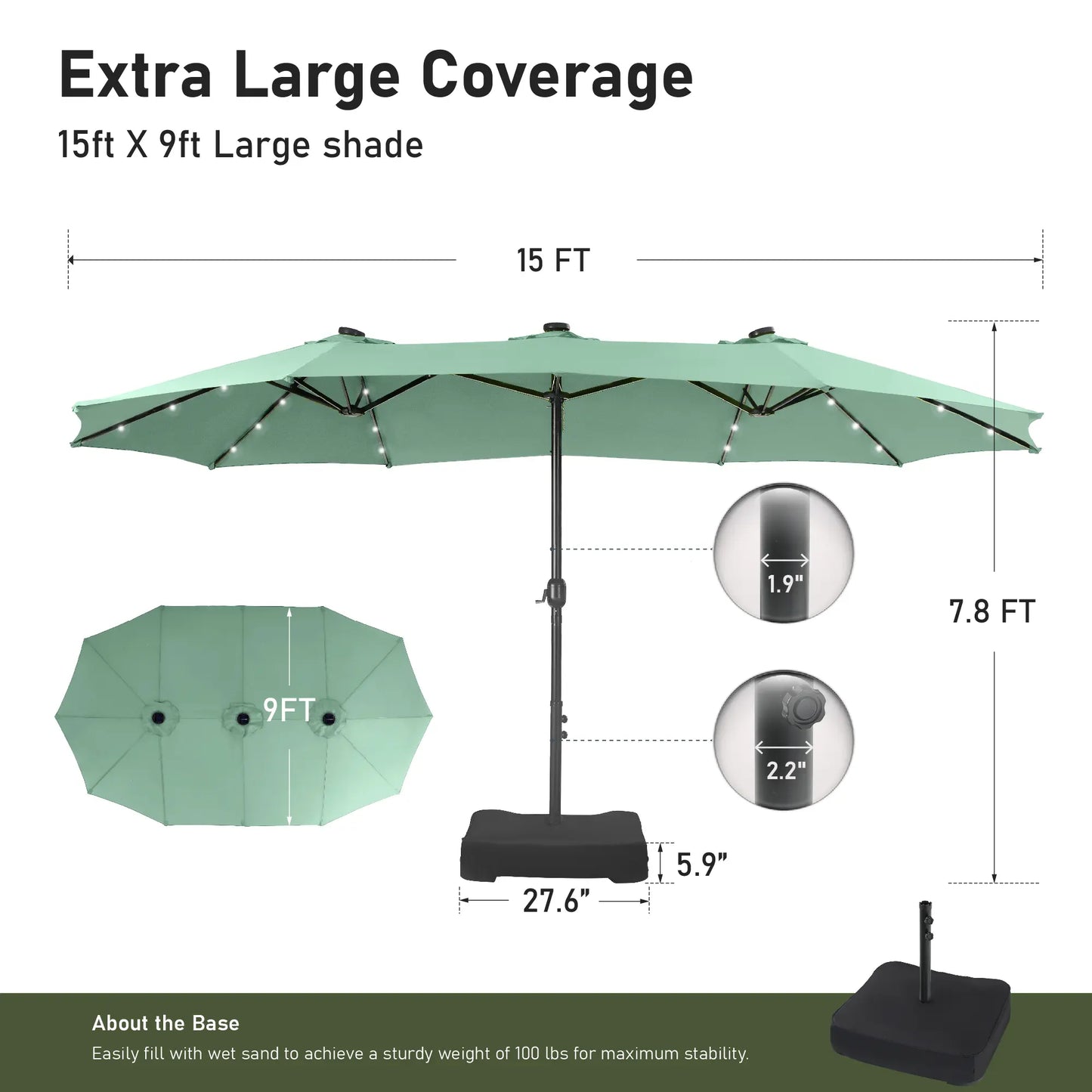 15FT LED Patio Umbrella | Oversized UV Resistant Outdoor Sun Shade with Heavy-Duty Steel Frame for Backyard & Pool