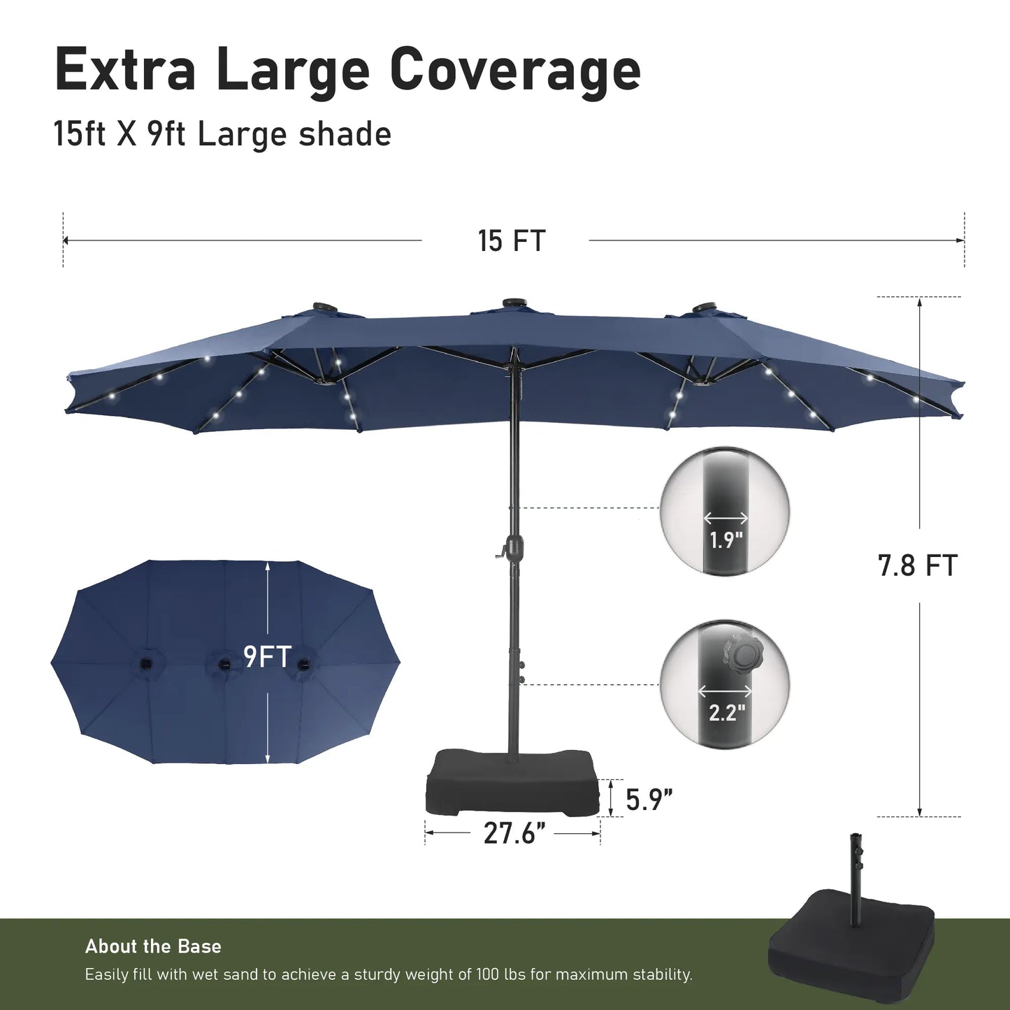 15FT LED Patio Umbrella | Oversized UV Resistant Outdoor Sun Shade with Heavy-Duty Steel Frame for Backyard & Pool
