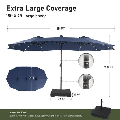 15FT LED Patio Umbrella | Oversized UV Resistant Outdoor Sun Shade with Heavy-Duty Steel Frame for Backyard & Pool
