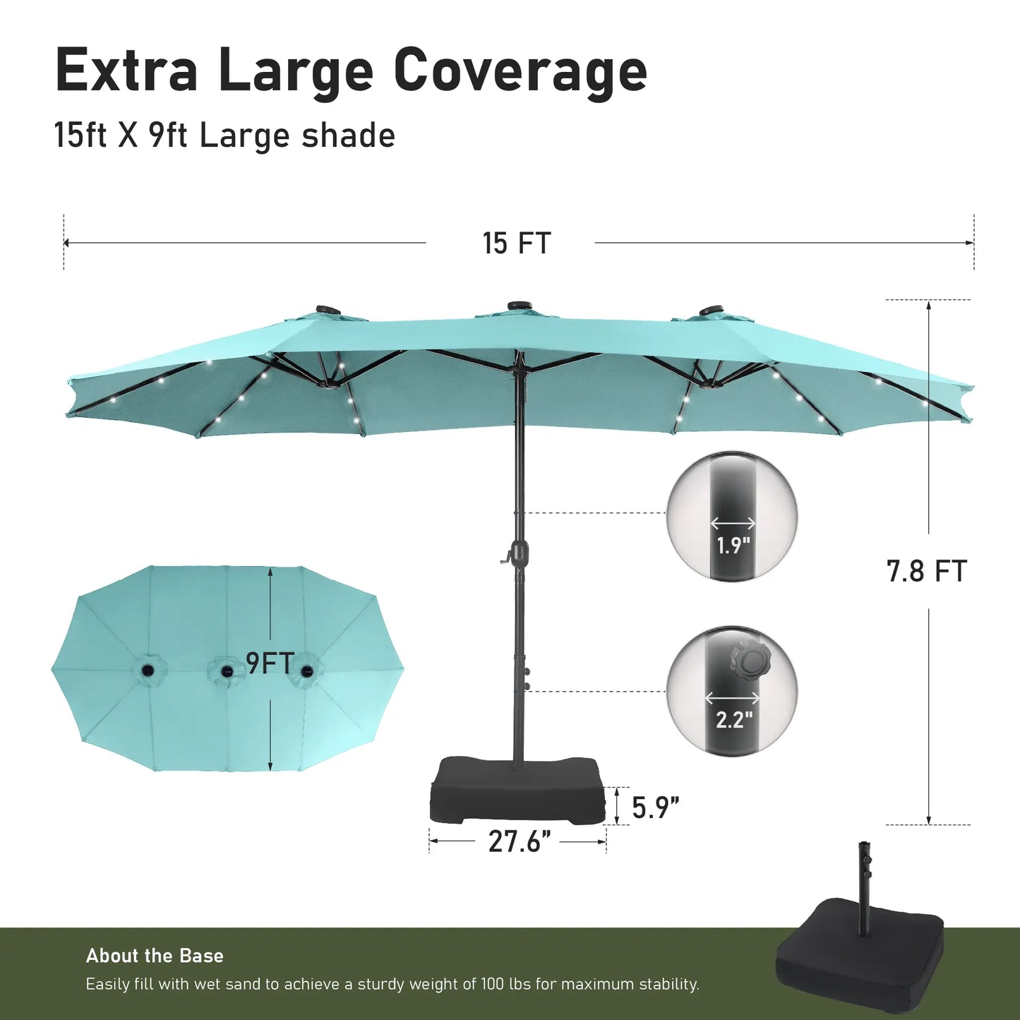 15FT LED Patio Umbrella | Oversized UV Resistant Outdoor Sun Shade with Heavy-Duty Steel Frame for Backyard & Pool