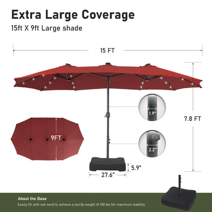 15FT LED Patio Umbrella | Oversized UV Resistant Outdoor Sun Shade with Heavy-Duty Steel Frame for Backyard & Pool