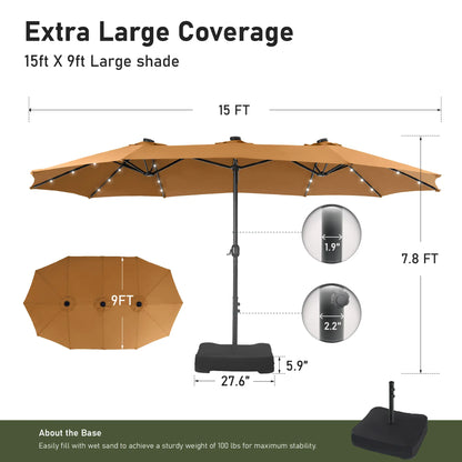 15FT LED Patio Umbrella | Oversized UV Resistant Outdoor Sun Shade with Heavy-Duty Steel Frame for Backyard & Pool
